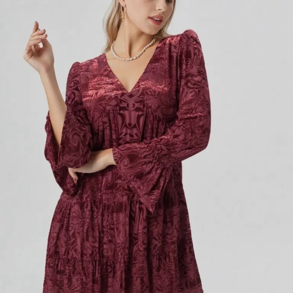 Deep V-Neck Velvet Jacquard Holiday Mini Dress -Wine